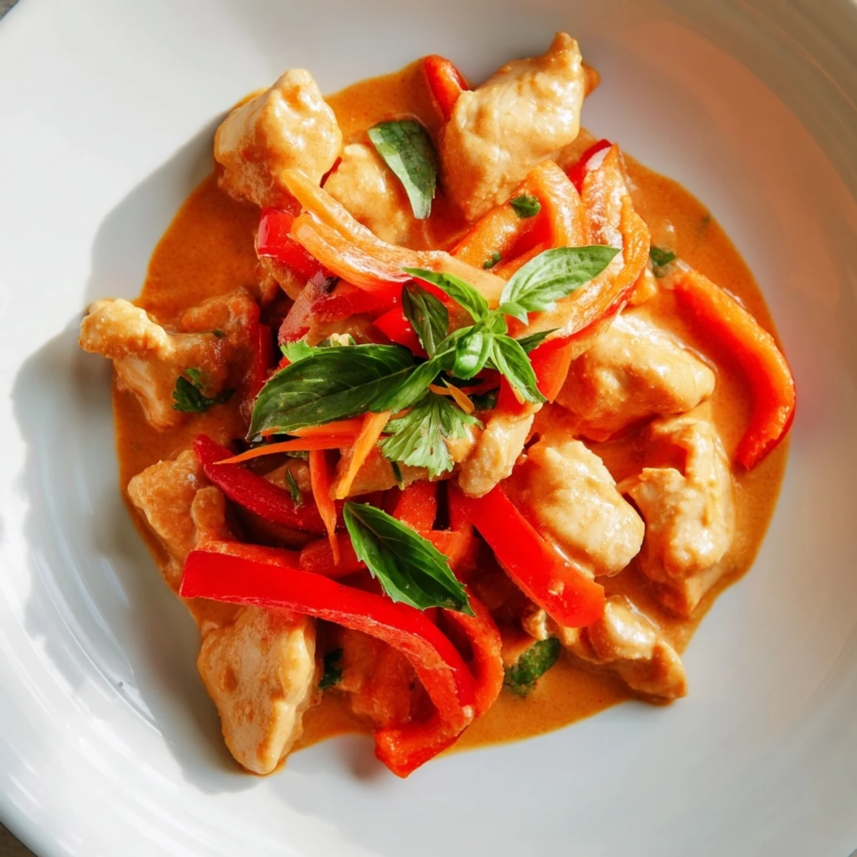 Sizzling skillet of Spicy Thai Red Curry with Chicken, showcasing tender chicken and crisp vegetables in a creamy, aromatic coconut sauce.