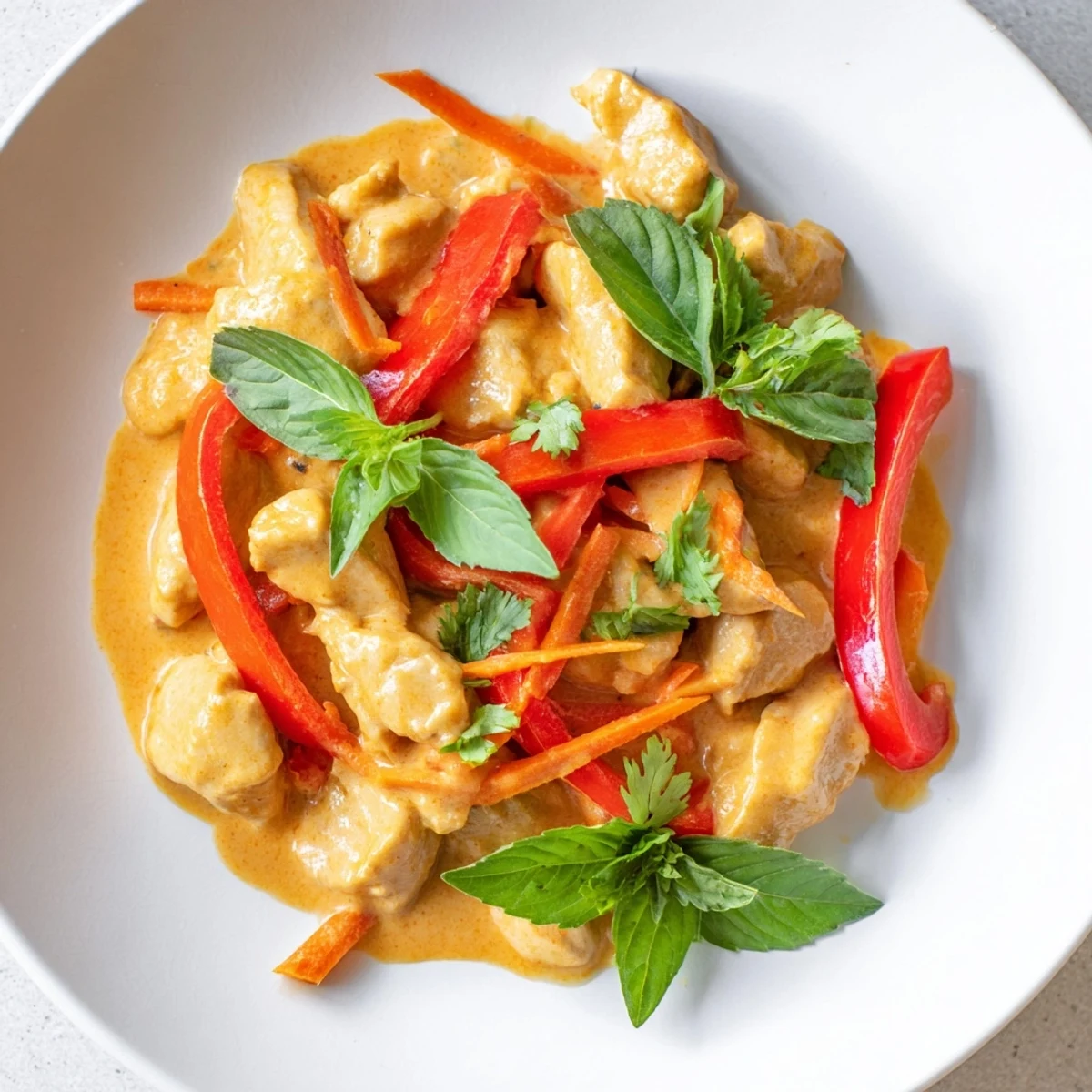 Close-up of Spicy Thai Red Curry with Chicken in a white bowl, garnished with cilantro, Thai basil, and fresh lime slices.