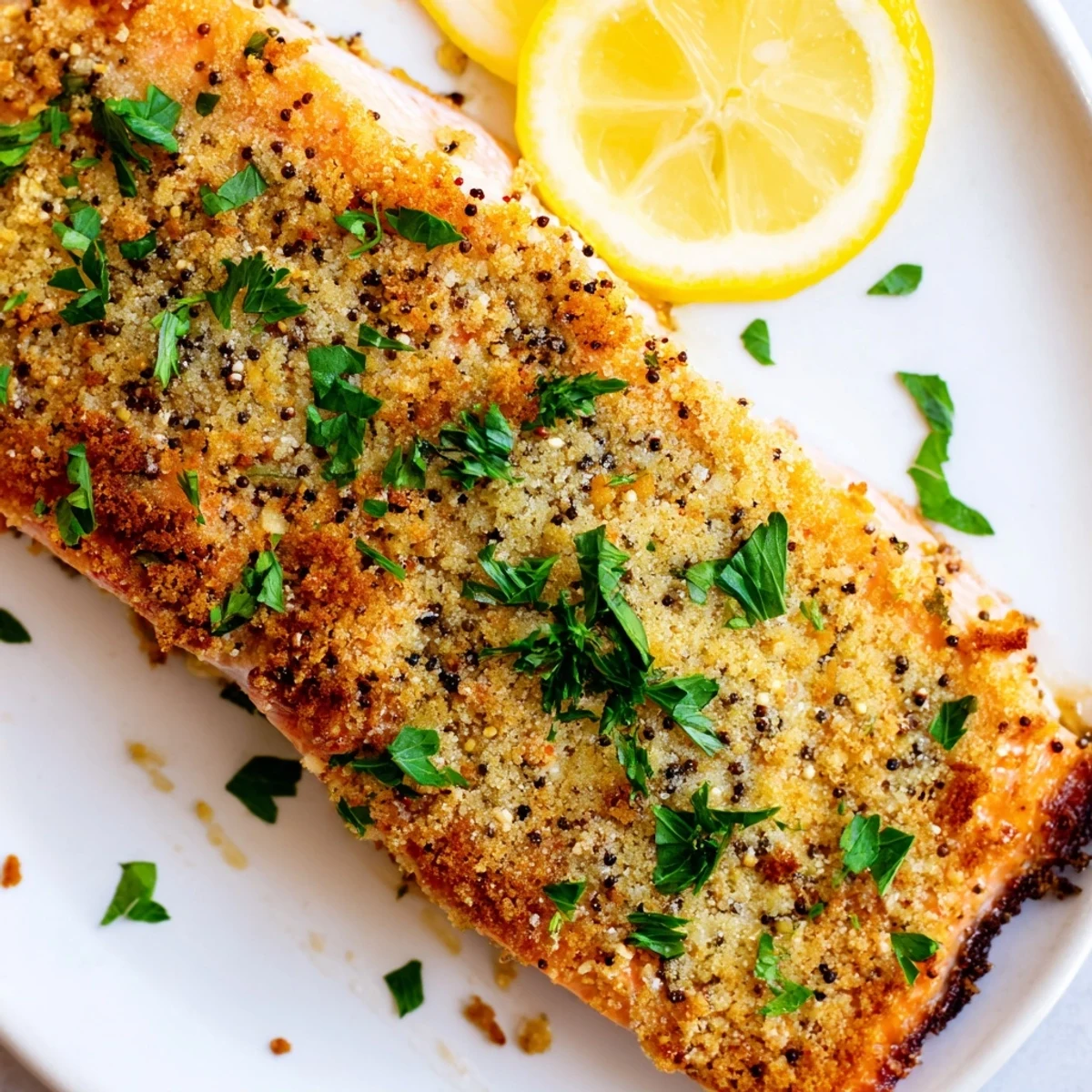Baked Salmon with Lemon Pepper on a plate garnished with fresh parsley and bright lemon slices.  