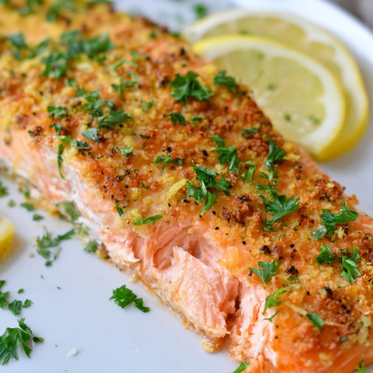 Close-up of Baked Salmon with Lemon Pepper beside roasted vegetables on a wooden serving board.