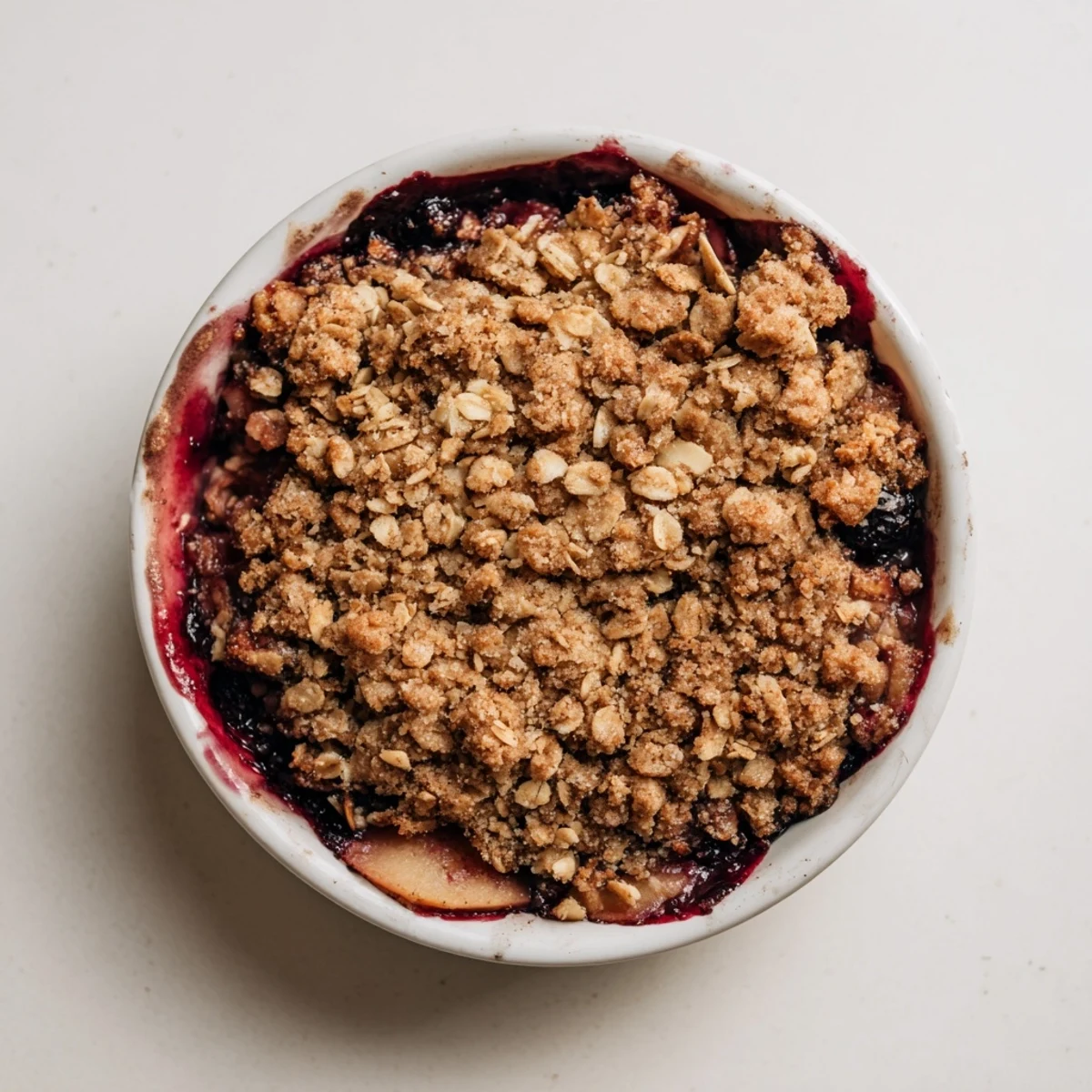 Glossy baked Winter Berry Crumble with oats, bubbling berry juices peeking through golden crumble topping.