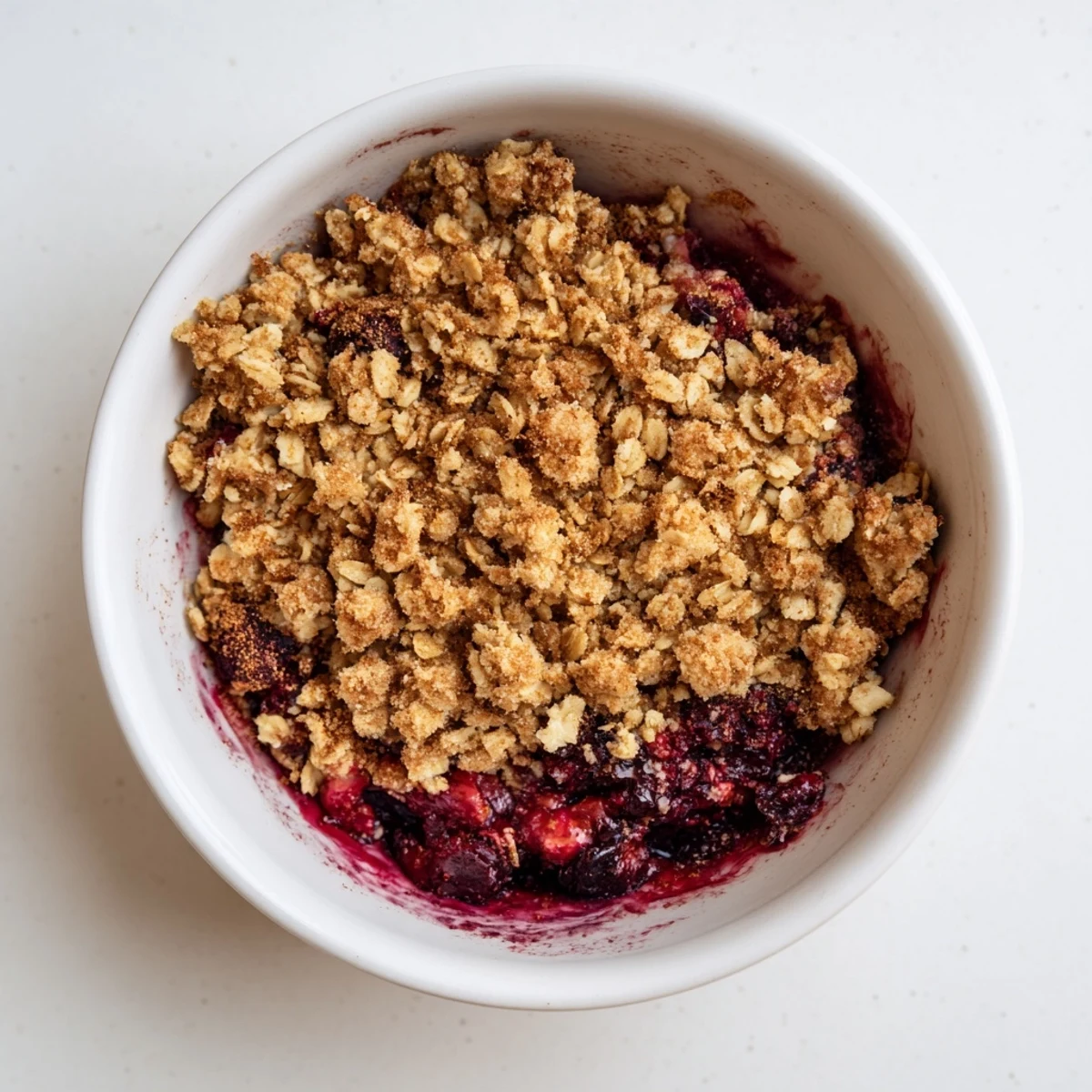 Winter Berry Crumble served warm in a rustic dish, spoon ready for a scoop of vanilla ice cream.
