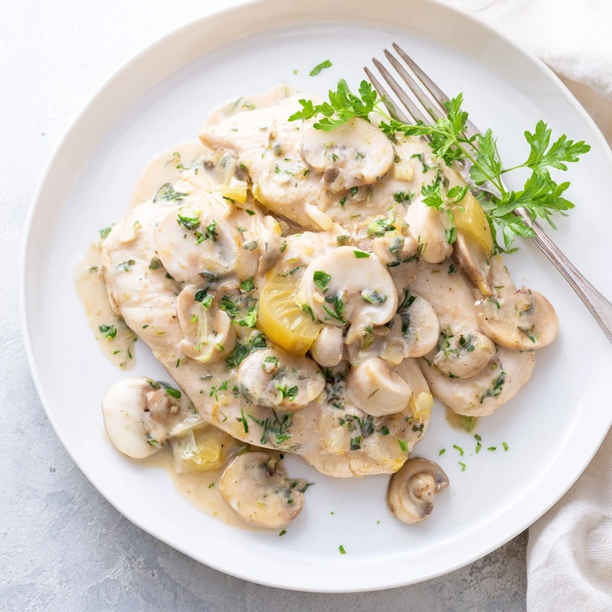 Tender chicken breasts nestled in a creamy mushroom sauce, garnished with fresh parsley and ready to serve.