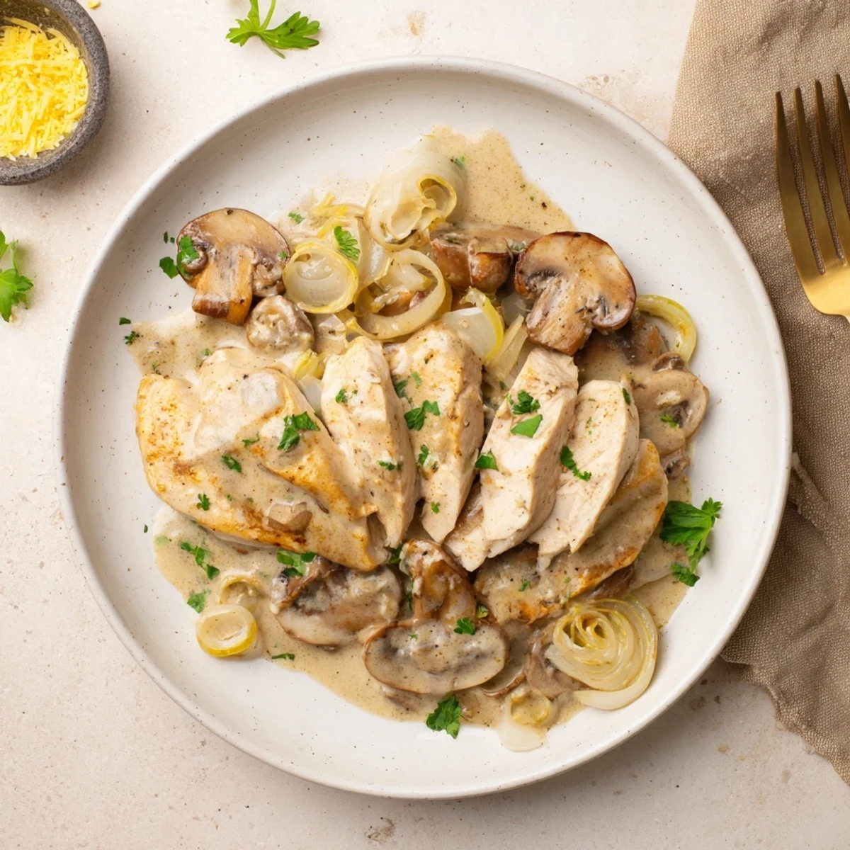 Golden chicken breasts in a rich, creamy mushroom sauce, served hot in a skillet with a garnish of parsley.
