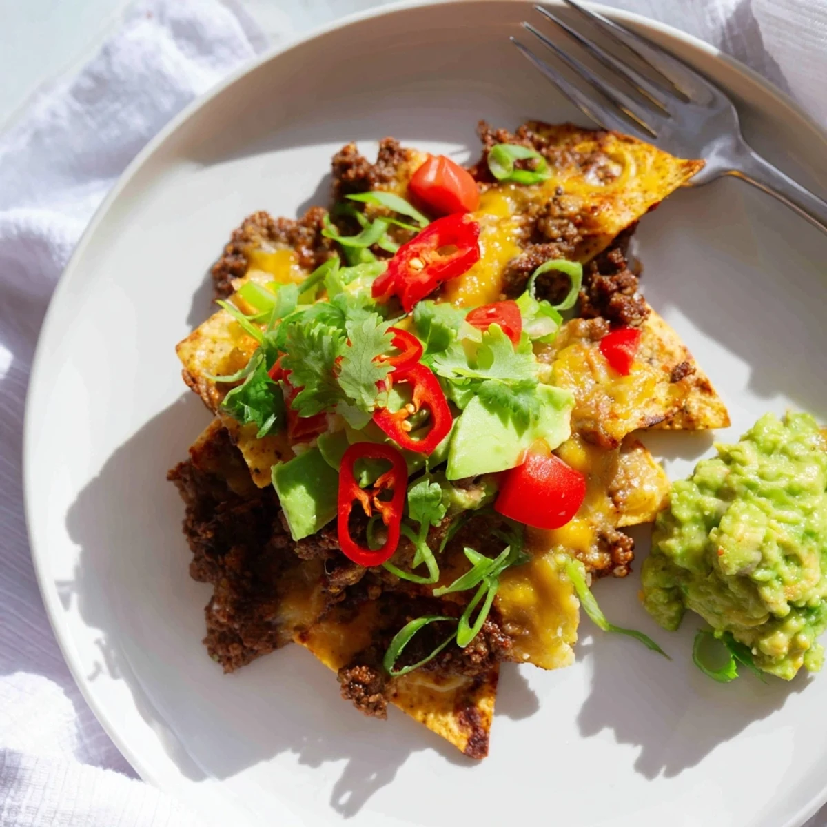 Fresh guacamole and colorful toppings garnish these baked Beef Nachos with Guacamole, served warm for sharing.