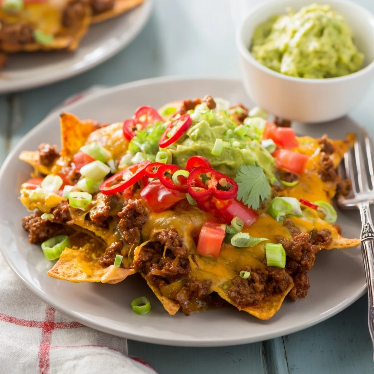 Golden, cheesy Beef Nachos with Guacamole beside a creamy dip, perfect for a festive Tex-Mex gathering.