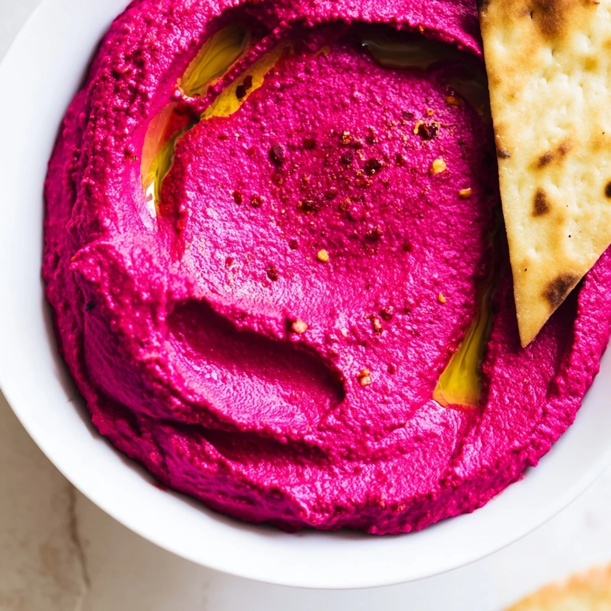 Vibrant roasted beet hummus garnished with olive oil, paired with crispy homemade pita chips on a rustic board.