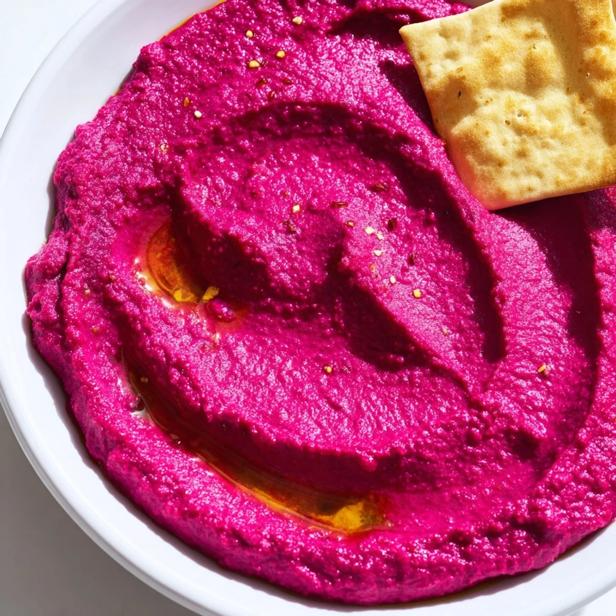 Earthy red beet hummus in a white bowl with golden baked pita triangles, perfect for snacking or entertaining.