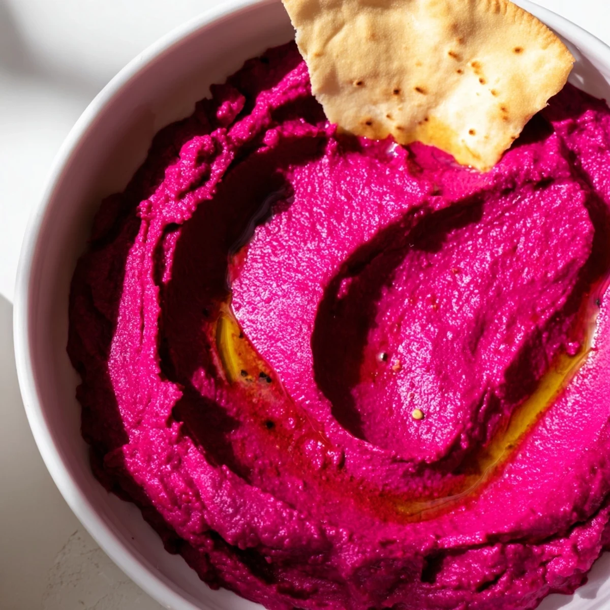 Sweet roasted beet hummus drizzled with olive oil, served alongside crunchy seasoned pita chips for dipping.