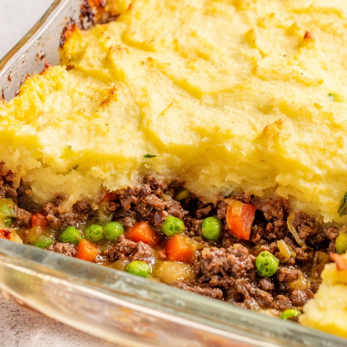 Golden-brown Beef Shepherds Pie with Cauliflower Mash bubbling in a white baking dish, ready to serve.