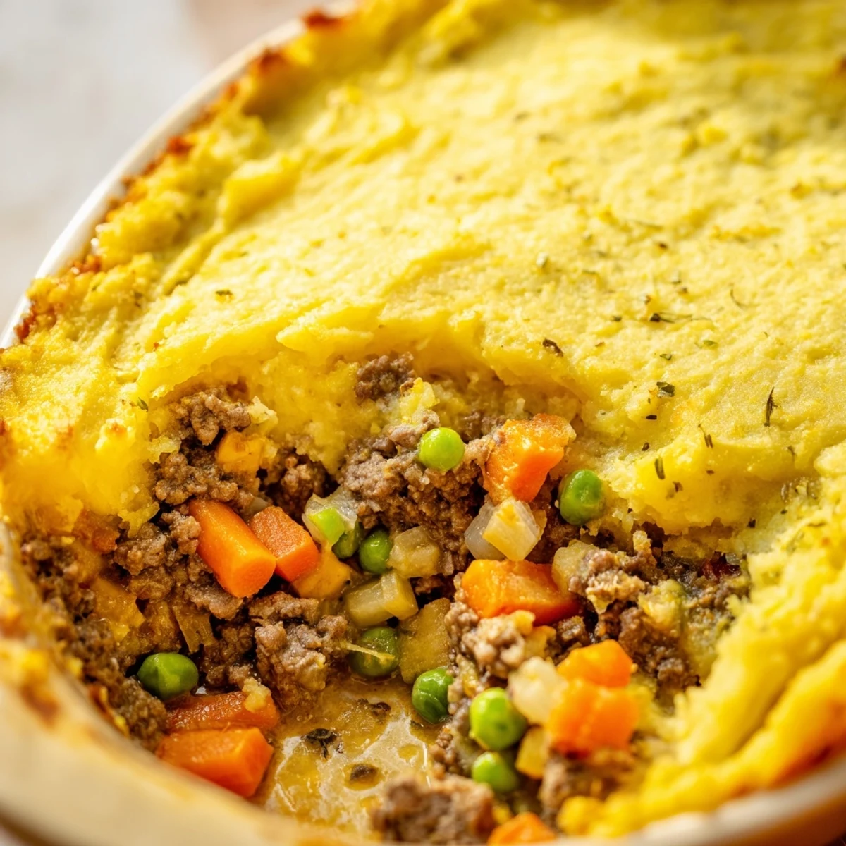 Comforting Beef Shepherds Pie with Cauliflower Mash recipe, garnished with fresh thyme and ready to enjoy.