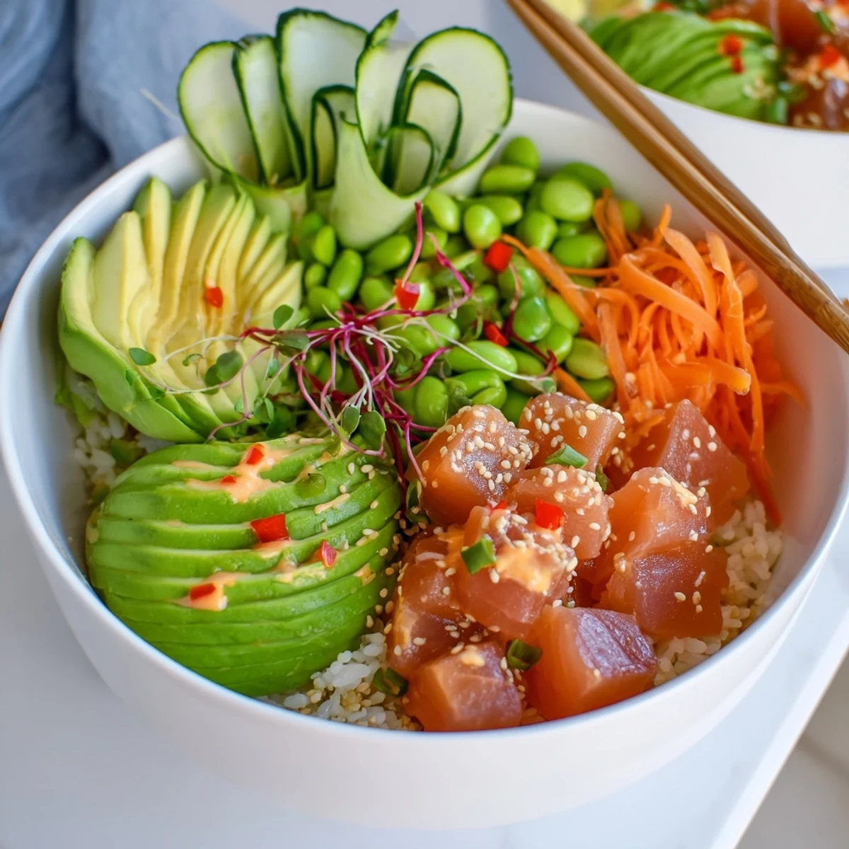 Vibrant Spicy Tuna Poke Bowl with avocado, edamame, and fresh vegetables over sushi rice.