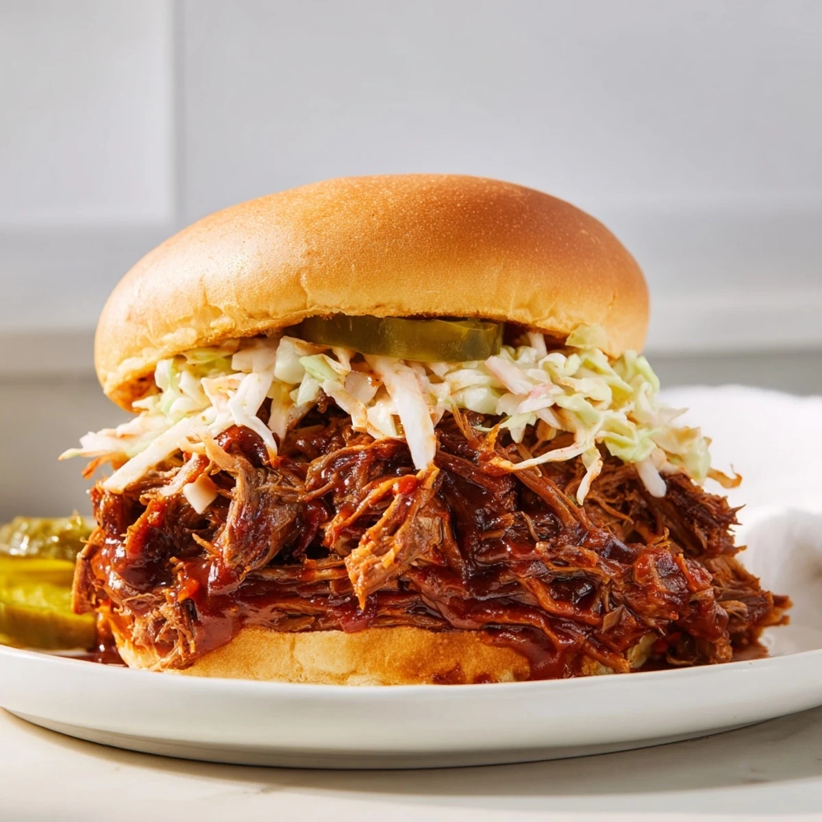 Slow-cooked shredded beef piled high on soft buns for a hearty meal.  