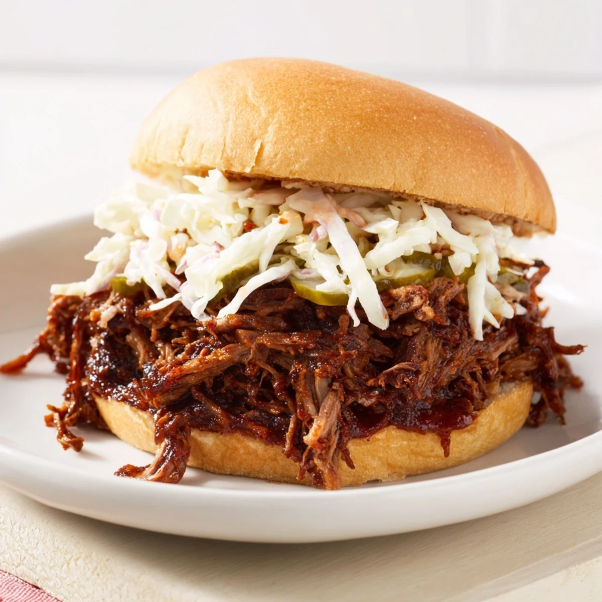 Golden-brown buns cradling smoky, barbecue-sauced pulled beef for an easy dinner.