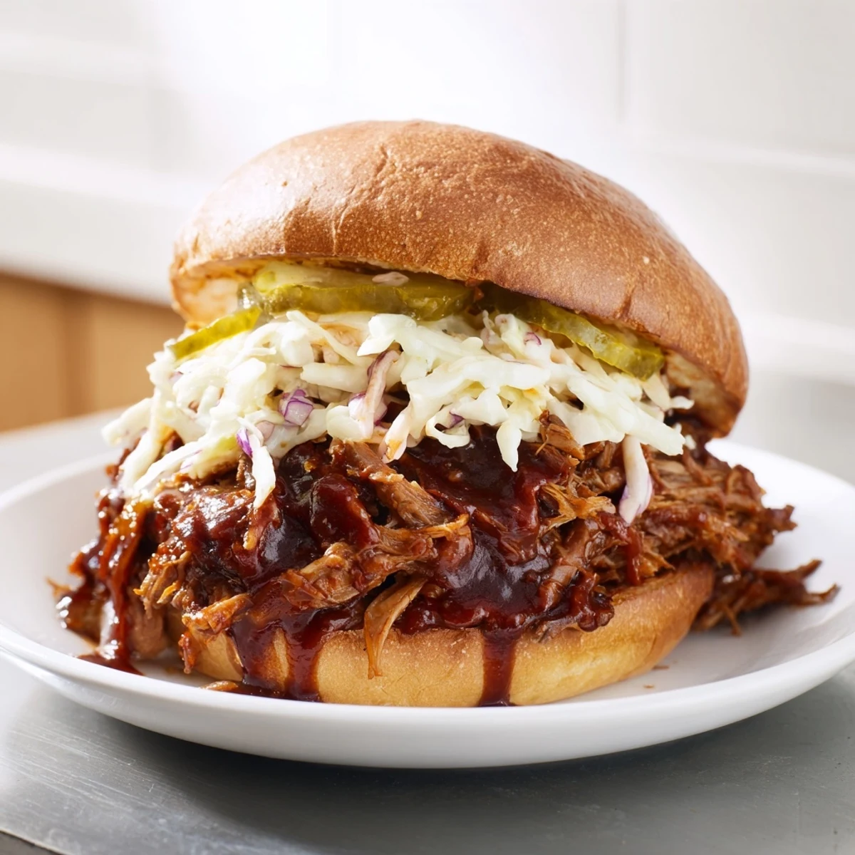 Tender, juicy pulled beef sandwiches topped with crisp coleslaw and tangy pickles.  