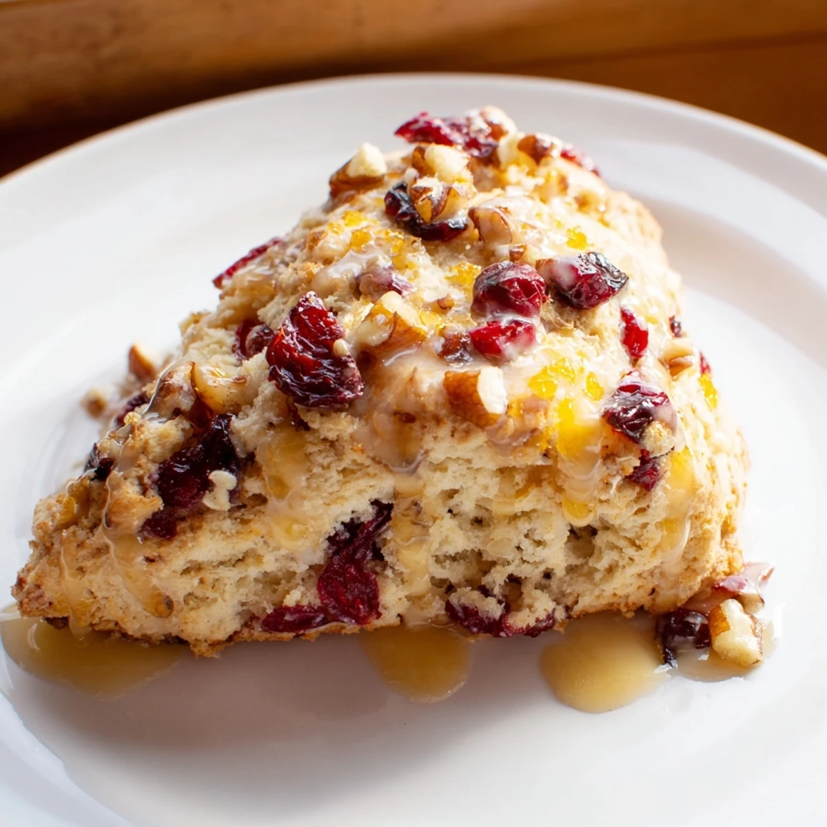 A freshly baked Cranberry Orange Scone with a glossy drizzle of orange glaze rests on a rustic wooden table, showcasing tart cranberries and a golden-brown crust.