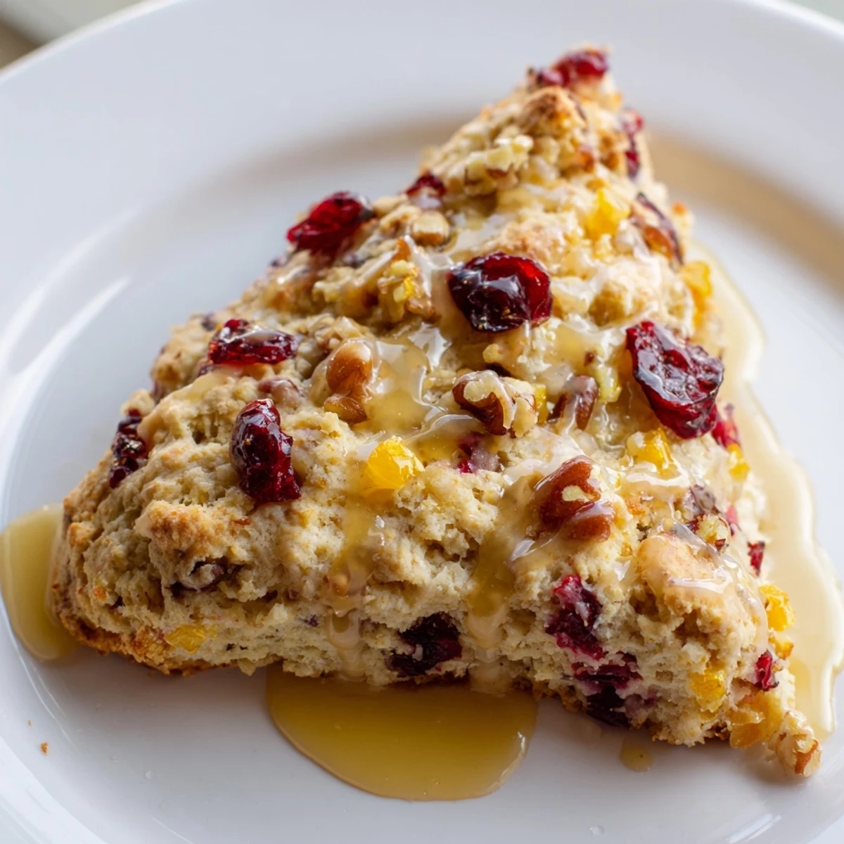 Warm Cranberry Orange Scones are arranged on a cooling rack, with a bowl of orange glaze and fresh cranberries nearby for a cozy breakfast setup.