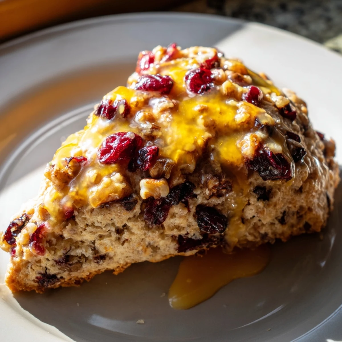 Golden-brown Cranberry Orange Scones with a drizzle of sweet orange glaze, served on a white plate with a cup of tea for an afternoon treat.