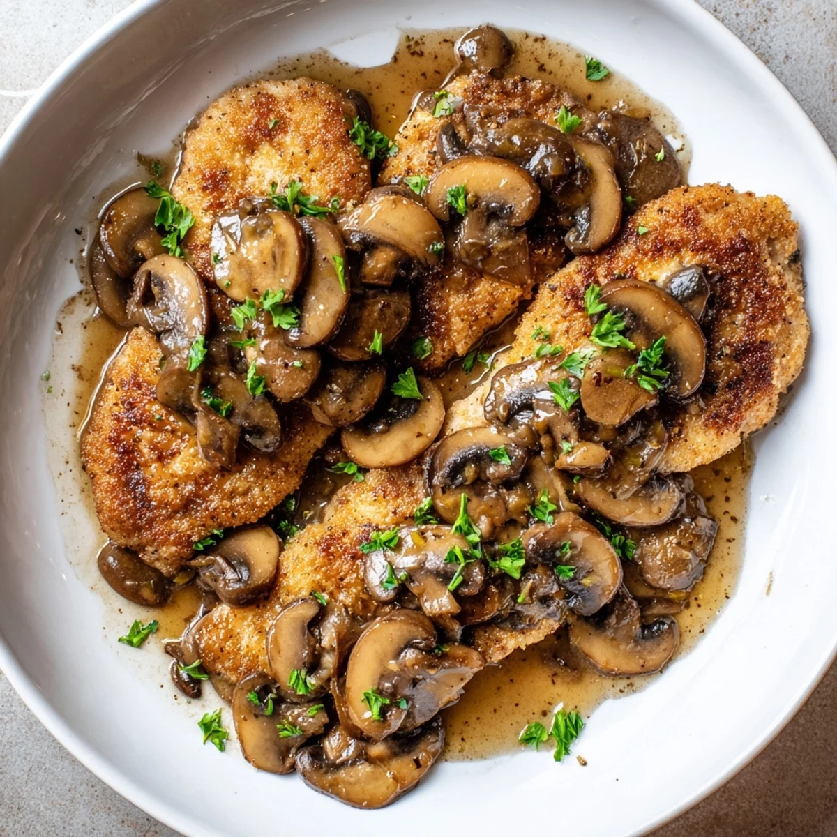 Golden-brown breaded chicken breasts simmer in a rich Marsala sauce with sautéed mushrooms, garnished with fresh parsley.