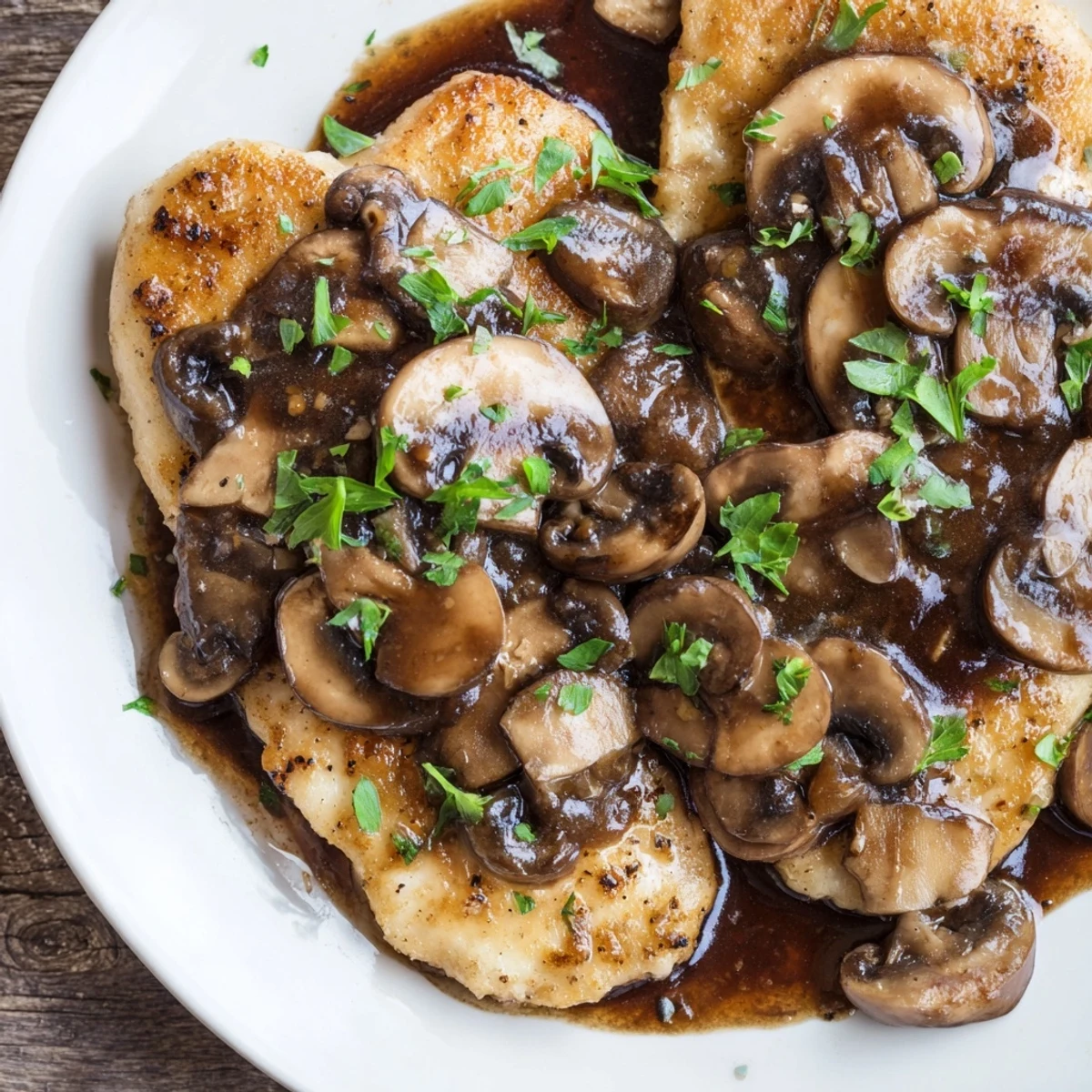 Tender Chicken Marsala with Mushrooms served over creamy mashed potatoes, showcasing a glossy, savory sauce and fresh herbs.