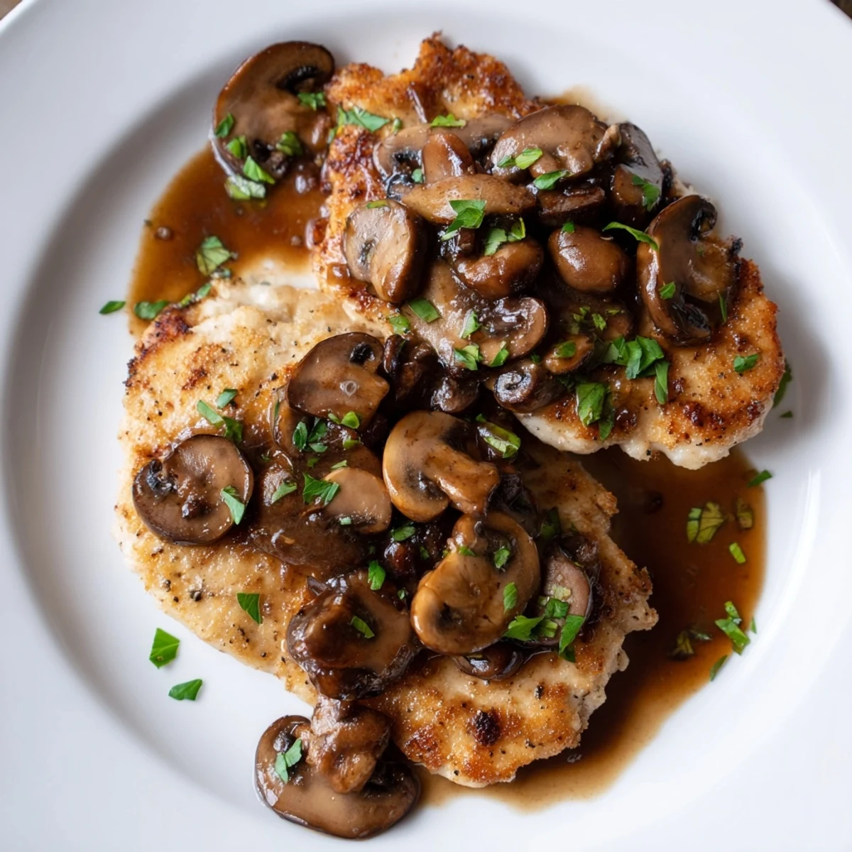 Close-up of golden-breaded Chicken Marsala with Mushrooms in a rich, dark sauce, garnished with fresh parsley.