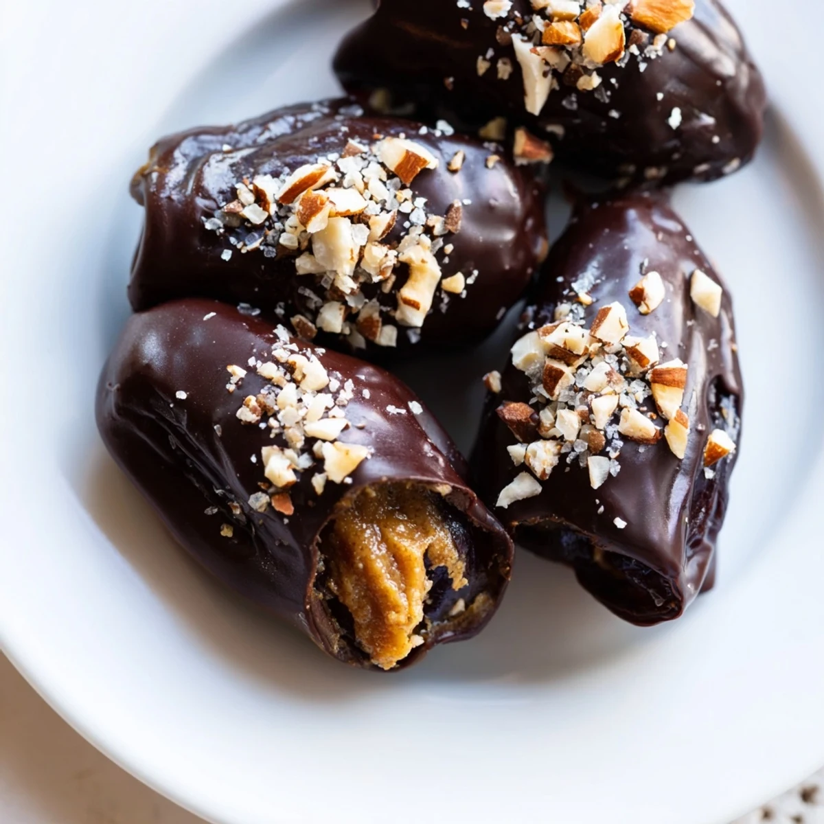 A glossy chocolate-covered dates stuffed with almond butter on a white plate, topped with flaky sea salt and chopped roasted almonds for a crunchy finish.  