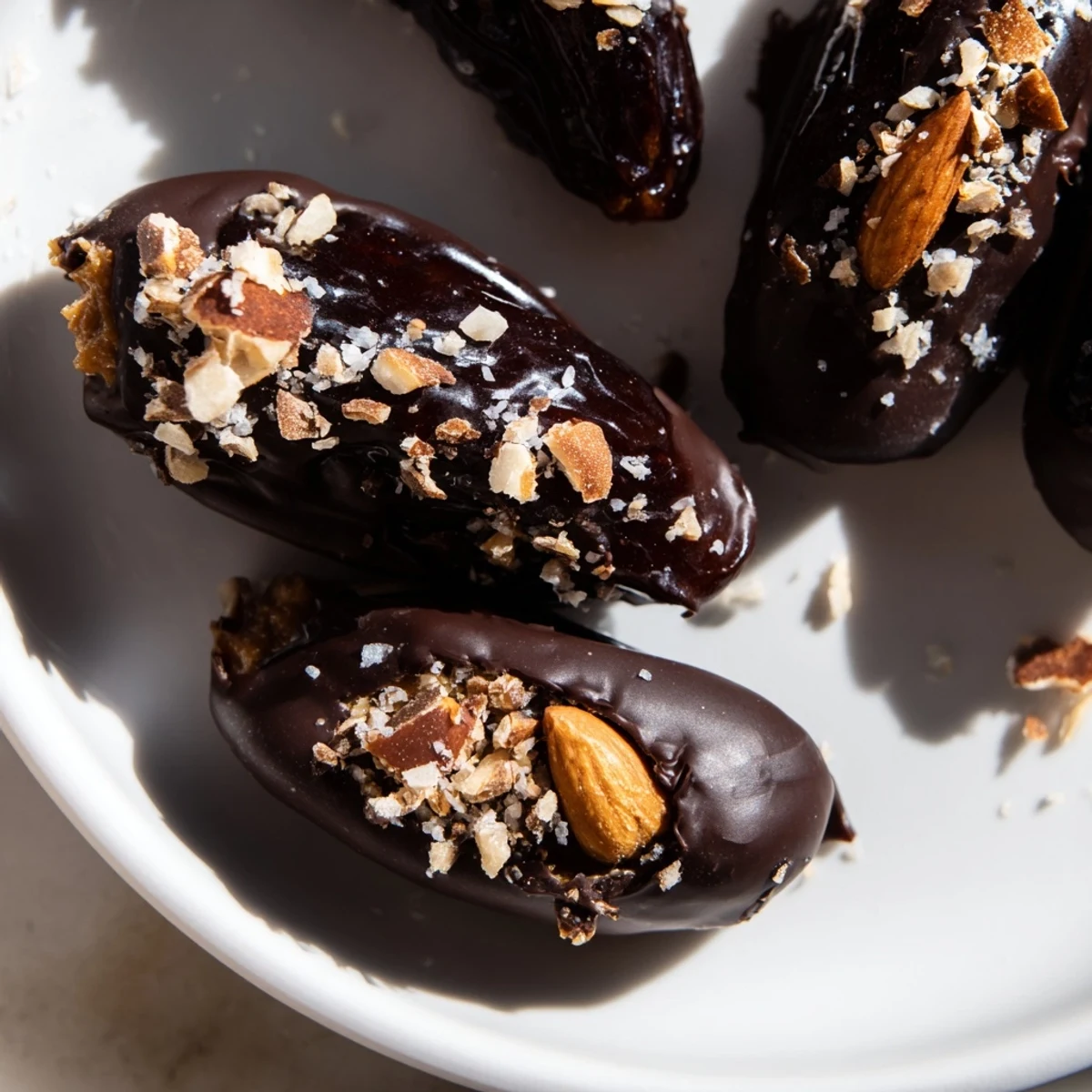 Close-up of rich dark chocolate coating melted around soft Medjool dates, revealing the creamy almond butter filling in this decadent dessert.  