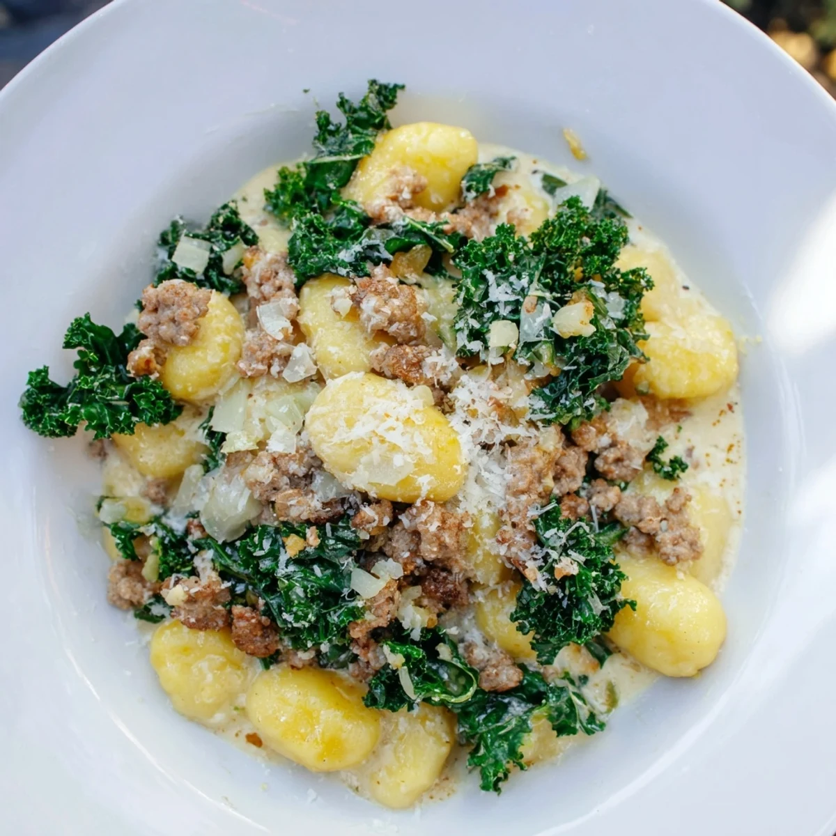 Close-up of Creamy Gnocchi with Sausage and Kale, with savory crumbles and a luscious cream coating in a warm skillet.