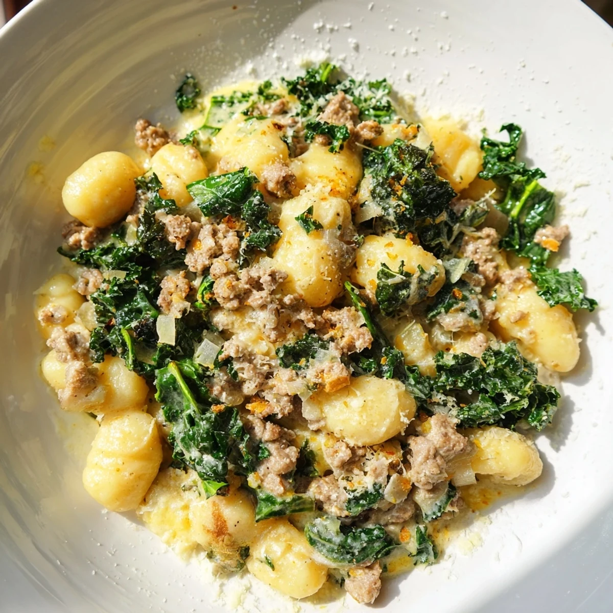 Platter of Creamy Gnocchi with Sausage and Kale, featuring tender dumplings and wilted greens in a rich Parmesan sauce.