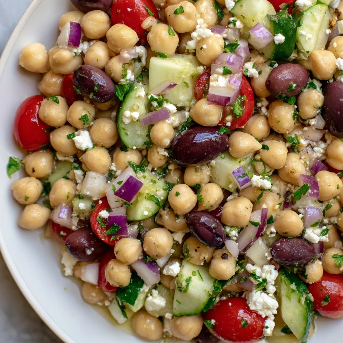 Plated Mediterranean Chickpea Salad with Feta, served as a light lunch beside crusty bread, with vibrant red onions and herbs for texture.