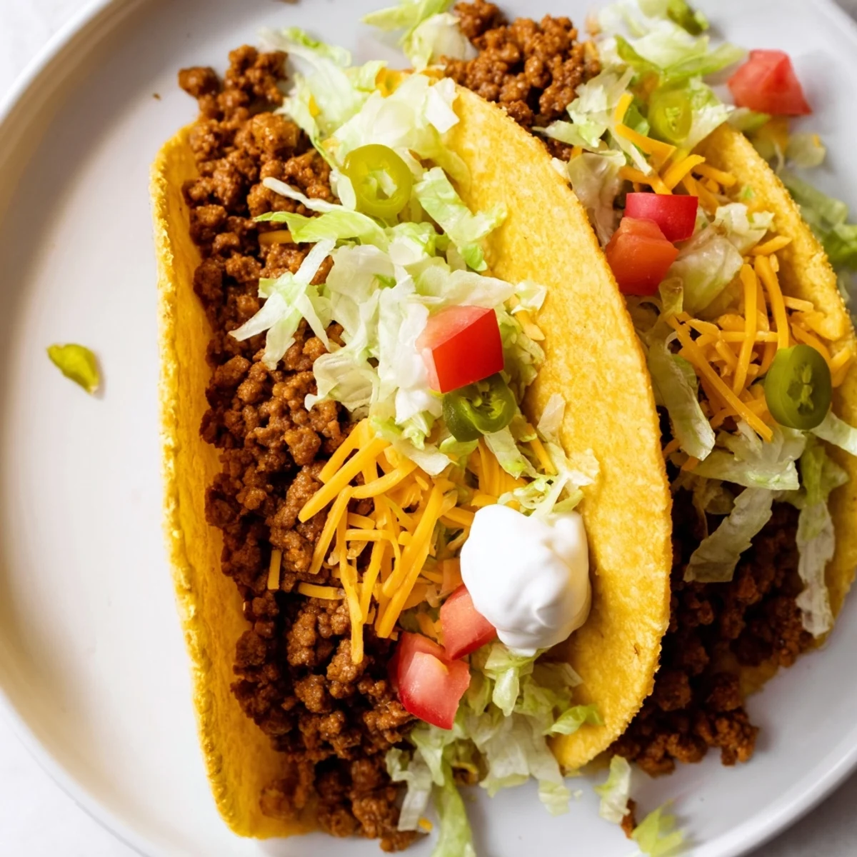 A close-up view shows savory ground beef filling nestled in crisp corn taco shells, generously topped with shredded cheese and fresh cilantro.