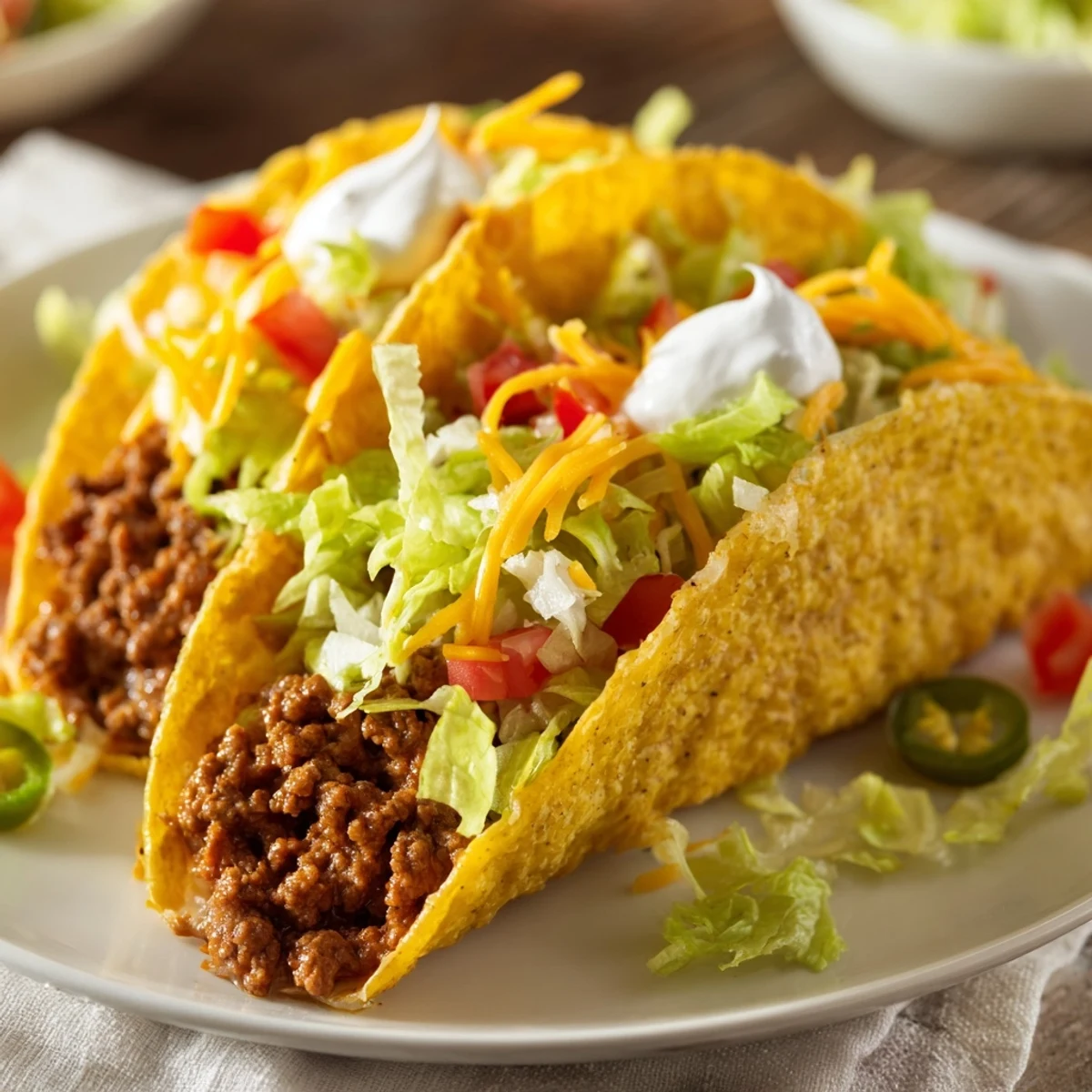 Freshly assembled MVP Beef Tacos with Cheese sit on a wooden board, topped with melted cheddar, shredded lettuce, diced tomatoes, and creamy sour cream.