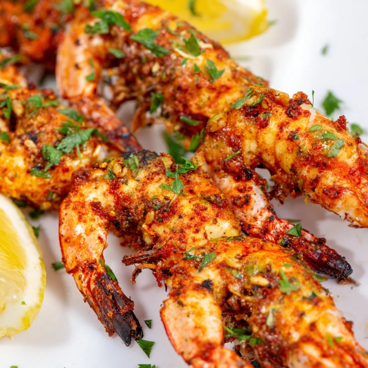 Bright orange Creole Spiced Shrimp Skewers are grilled on a platter, showing smoky char and a squeeze of fresh lemon.