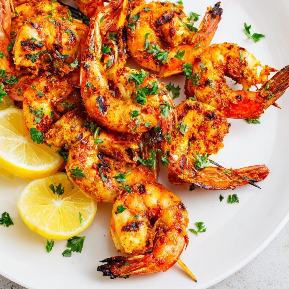 Six golden Creole Spiced Shrimp Skewers are plated with fresh parsley and lemon wedges on a rustic wooden table.