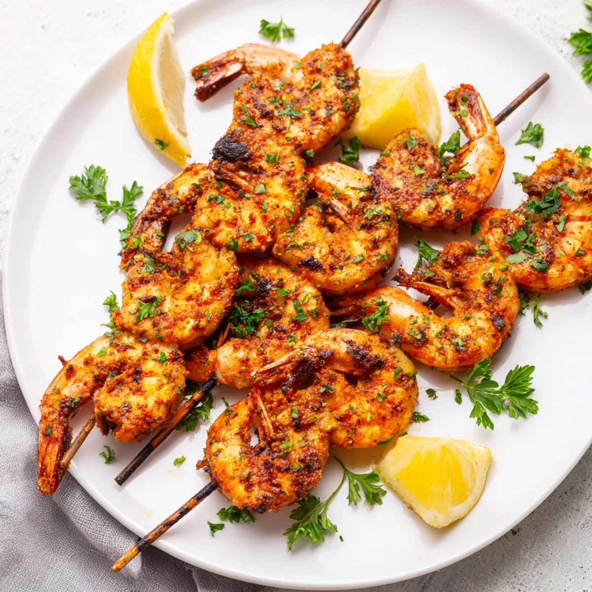 Juicy marinated Creole Spiced Shrimp Skewers sizzle on a hot grill with visible steam and rich, smoky grill marks.
