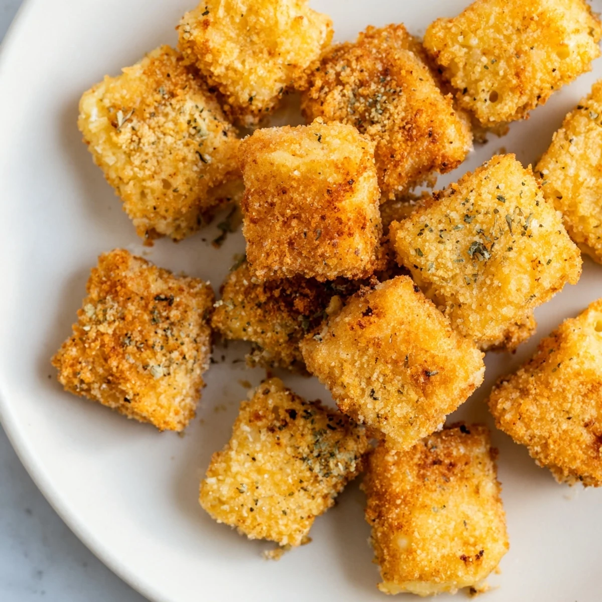 Crunchy panko-coated Game Day Fried Mac and Cheese squares with melted sharp cheddar center.  