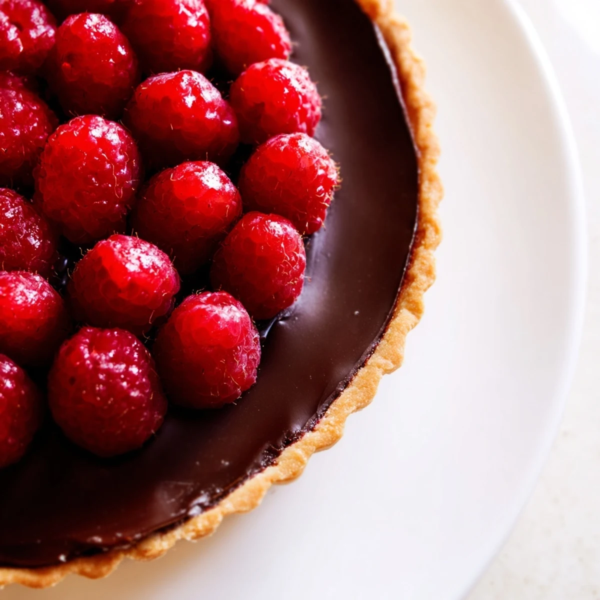 A slice of Chocolate Raspberry Tart with a glossy chocolate ganache filling and fresh raspberries on a crisp pastry crust.