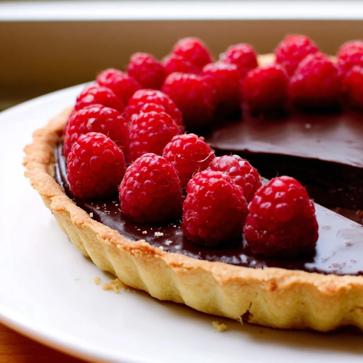 Freshly baked Chocolate Raspberry Tart with rich ganache and fresh berries, perfect for a dessert buffet or dinner party.