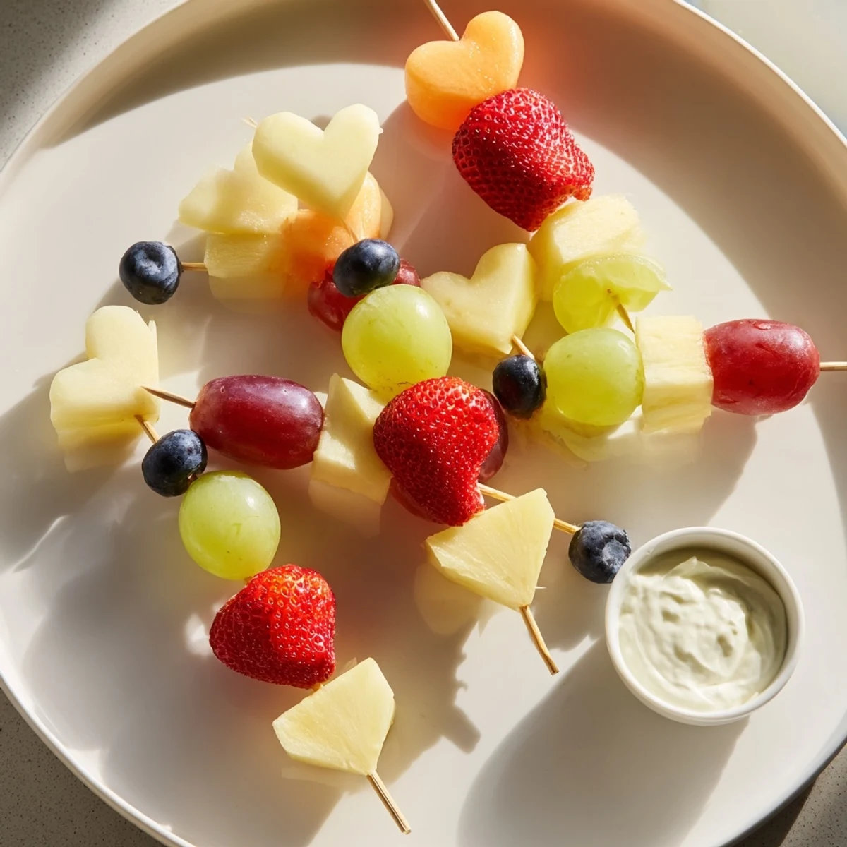 Colorful Sweetheart Fruit Kabobs with Yogurt dip, perfect for parties, served with creamy vanilla Greek yogurt.