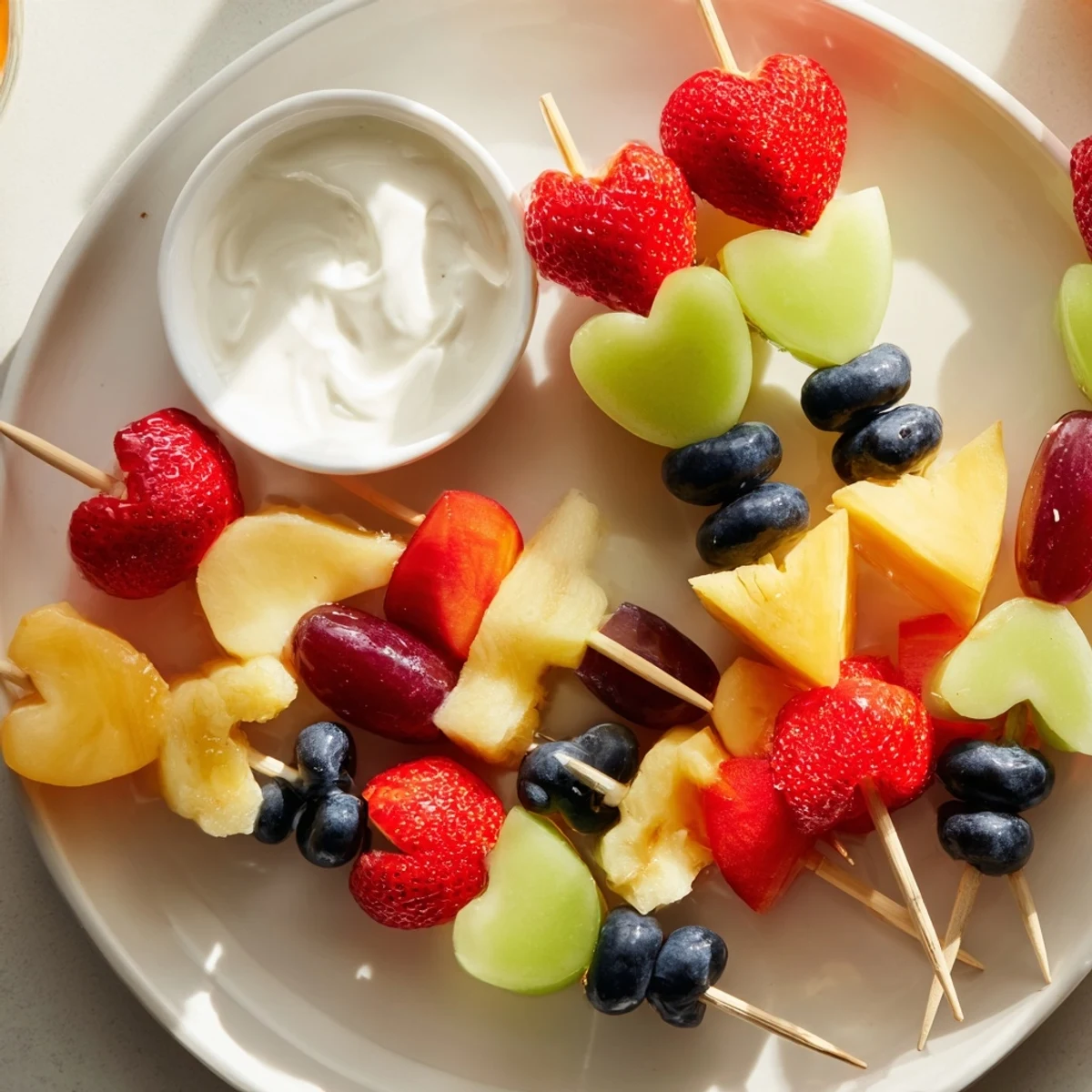 Sweetheart Fruit Kabobs with Yogurt feature juicy pineapple and blueberries, ready for dipping into a sweet honey mixture.