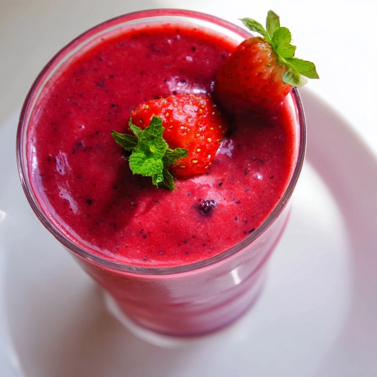 Valentine Red Berry Smoothie in a clear glass, showcasing its creamy texture and vivid red color against a bright kitchen background.