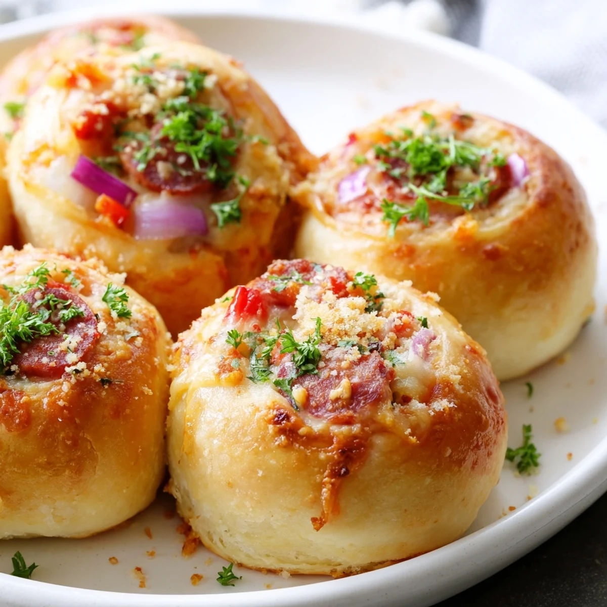Golden-brown, cheesy Super Bowl Pizza Rolls just out of the oven, bubbling with mozzarella and savory halal pepperoni.  