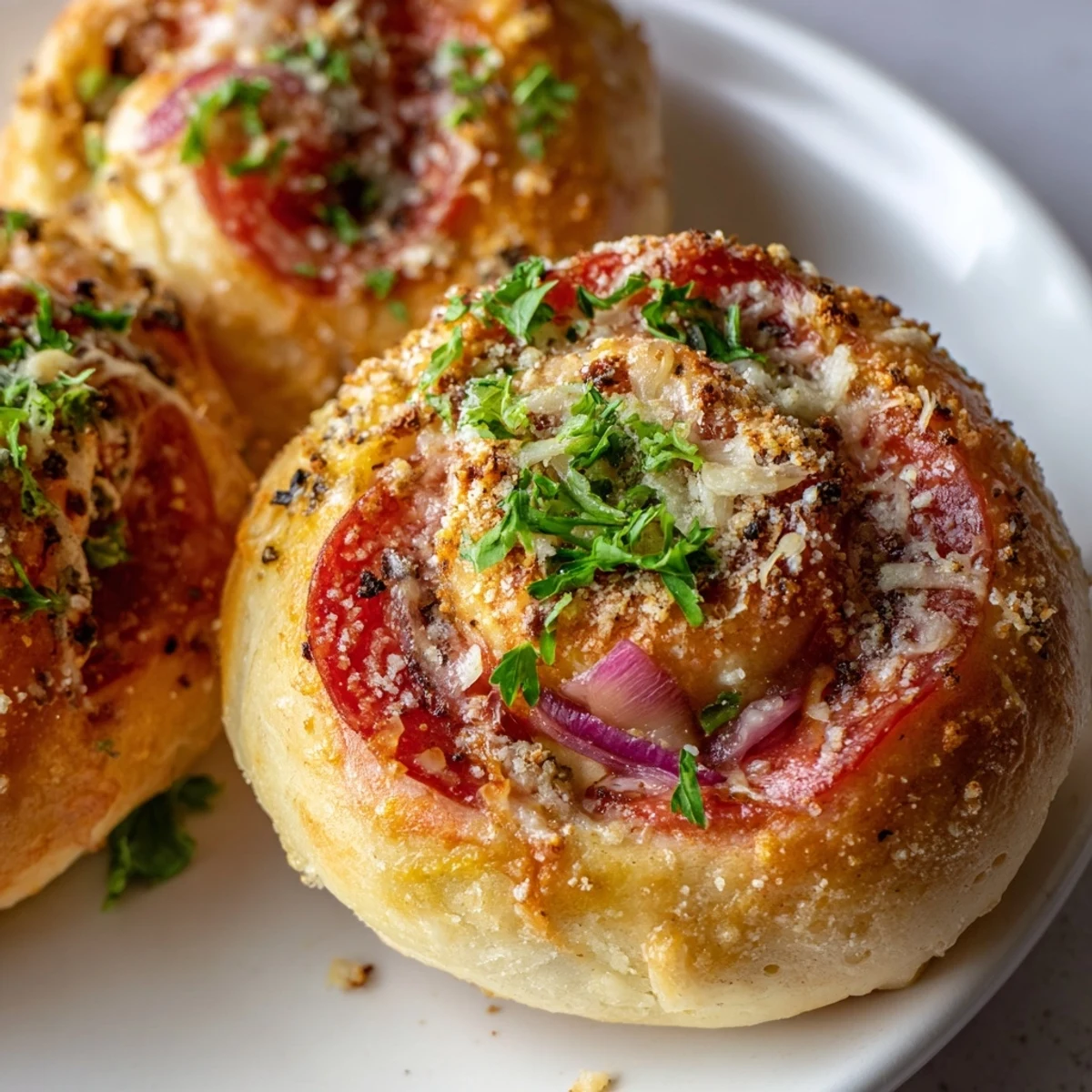 Super Bowl Pizza Rolls arranged on a serving platter, perfect for game day snacking alongside a bowl of warm marinara.  