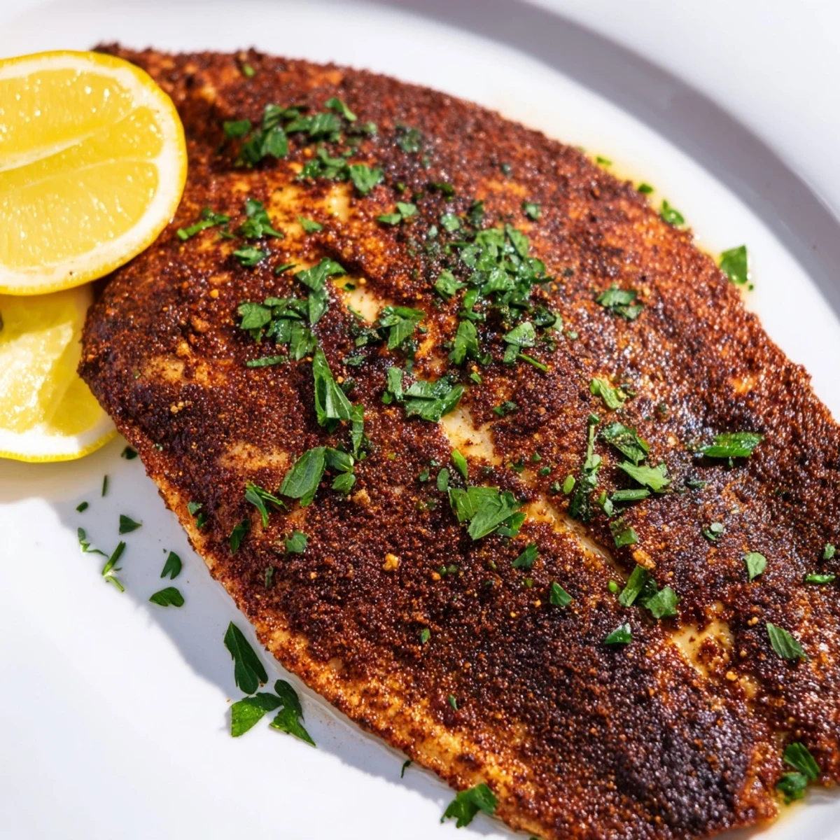 Golden-brown Cajun Blackened Catfish fillets sizzling in a cast-iron skillet, showcasing a perfectly crispy, spice-encrusted exterior with a tender, flaky interior.