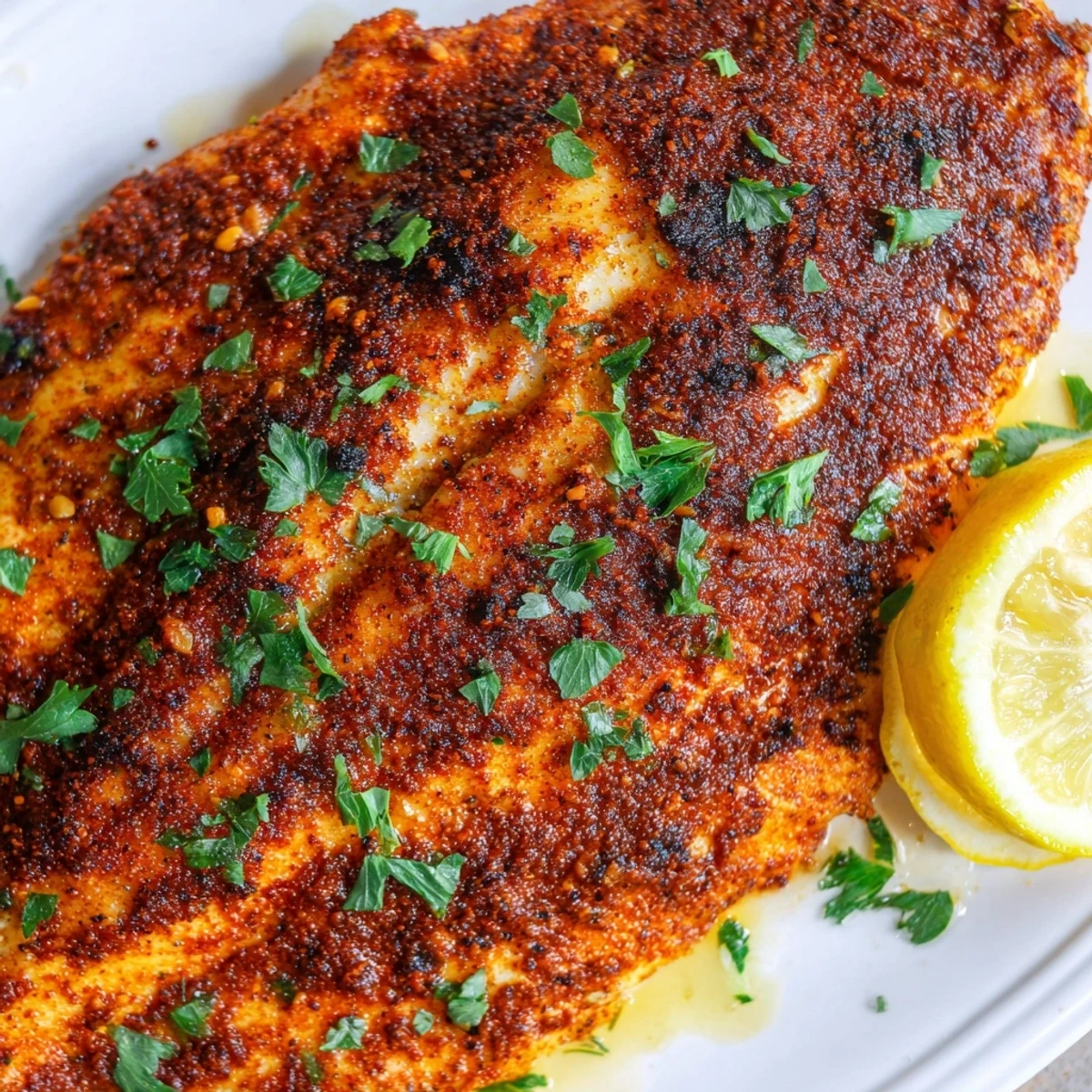 A close-up view of Cajun Blackened Catfish on a white plate, garnished with fresh parsley and served alongside bright lemon wedges for squeezing.