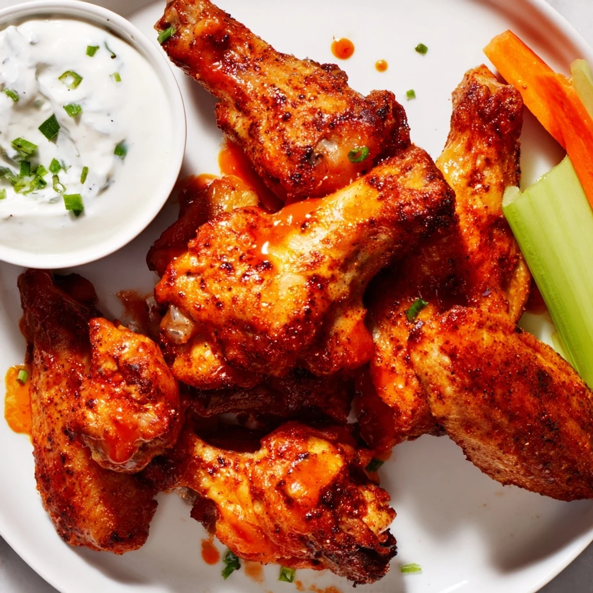 Crispy baked Touchdown Spicy Wings with Ranch served alongside a creamy white dip, crisp celery and carrot sticks for dipping.