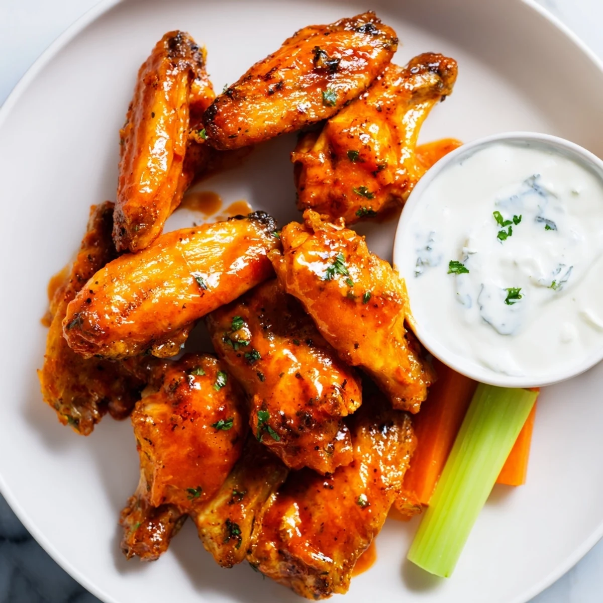 Freshly tossed Touchdown Spicy Wings with Ranch glistening in a spicy orange glaze, ready for a game-day appetizer spread.