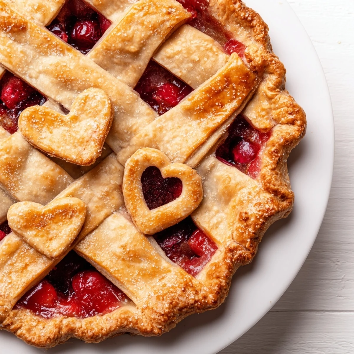 Freshly baked Sweetheart Cherry Pie with a golden, flaky lattice crust and ruby-red cherry filling.