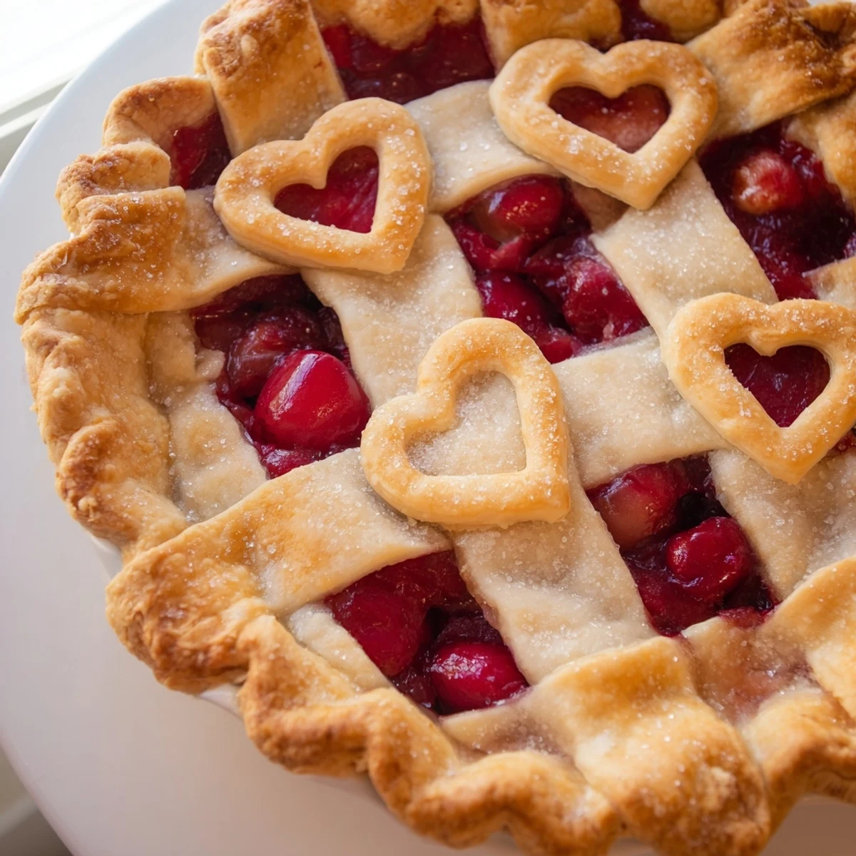 A slice of Sweetheart Cherry Pie served a la mode with melting vanilla ice cream.