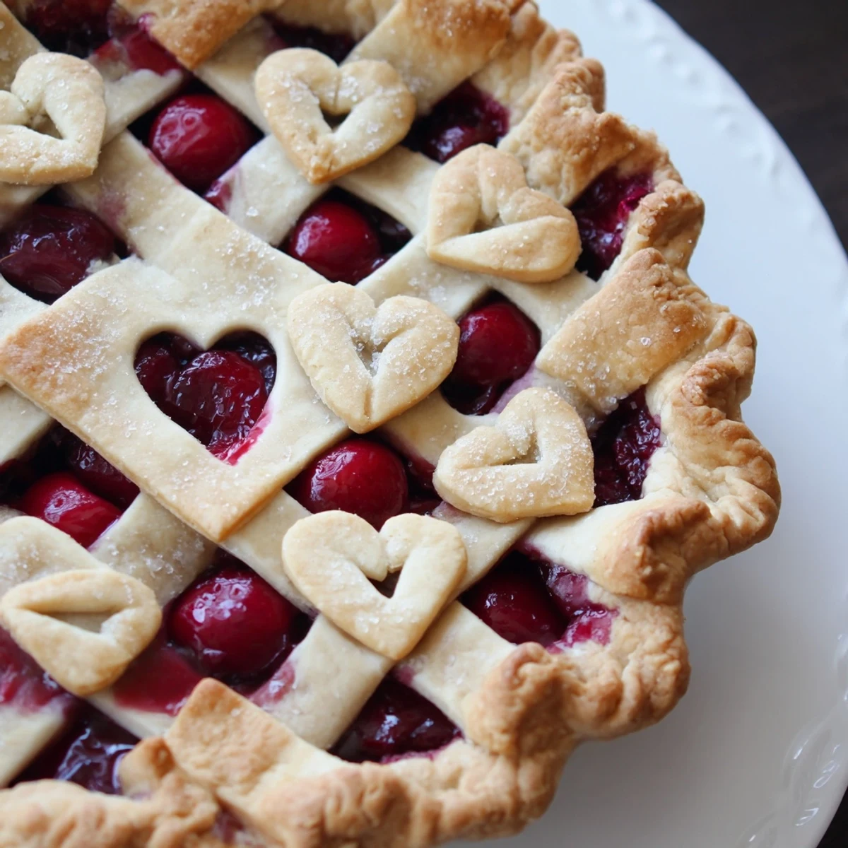 Homemade Sweetheart Cherry Pie cooling on a rack, showing off vibrant red cherry filling and crimped edges.